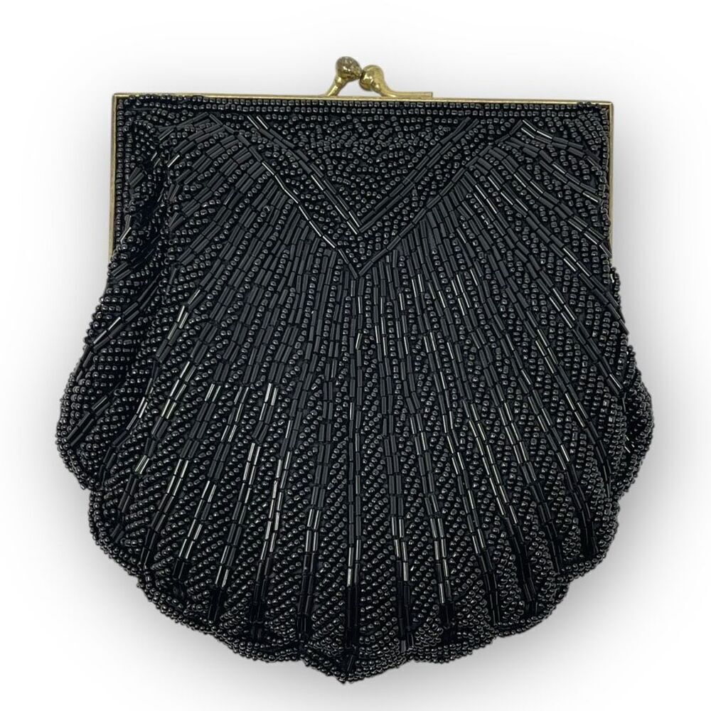Beaded Black Art Deco Clam Shell Kisslock Clutch Bag Purse Vintage Chain Strap